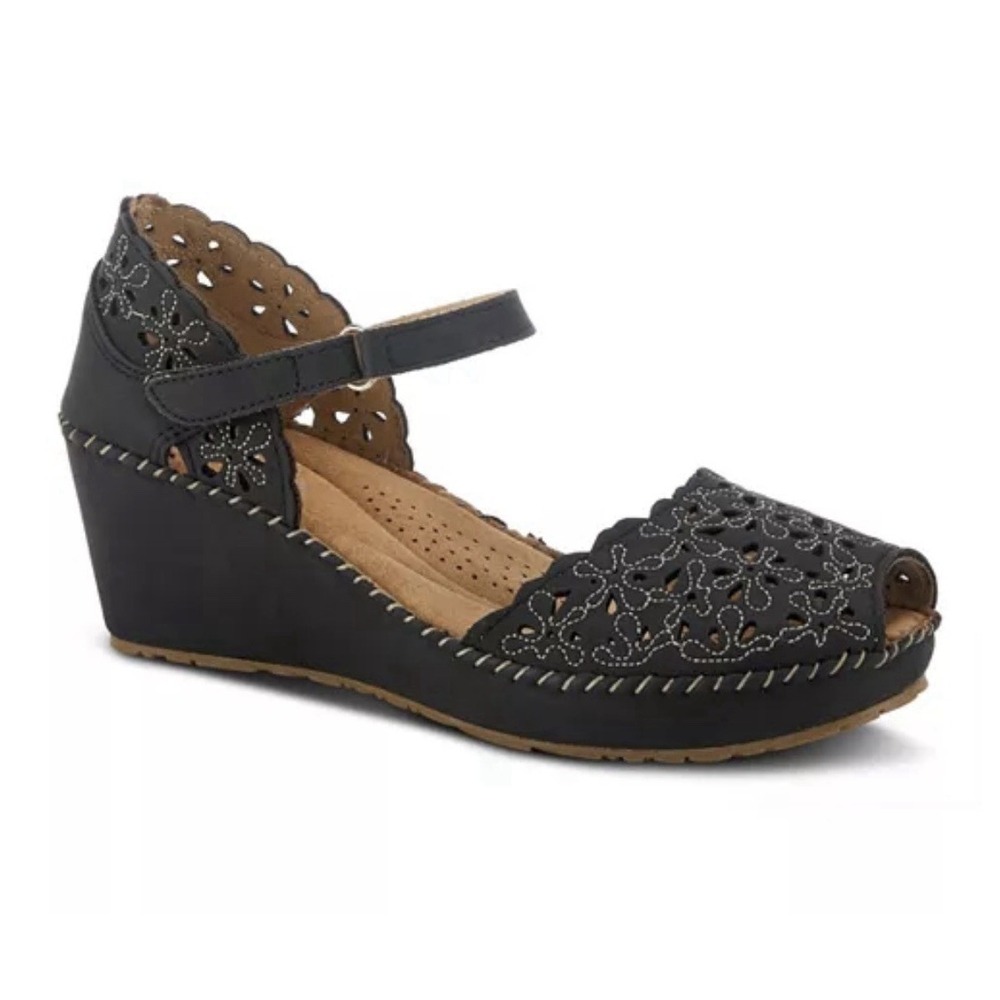 Patrizia Gennina Wedge Sandals Size 6 B M Laser Cut Peep Toe Mary Jane Black